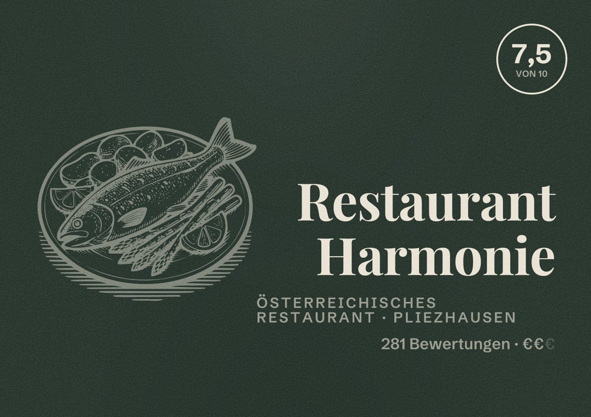 Illustriertes Poster von Restaurant Harmonie, Österreichisches Restaurant in Pliezhausen: Bewertung 7,5 von 10 aus 281 Bewertungen, Preisniveau €€