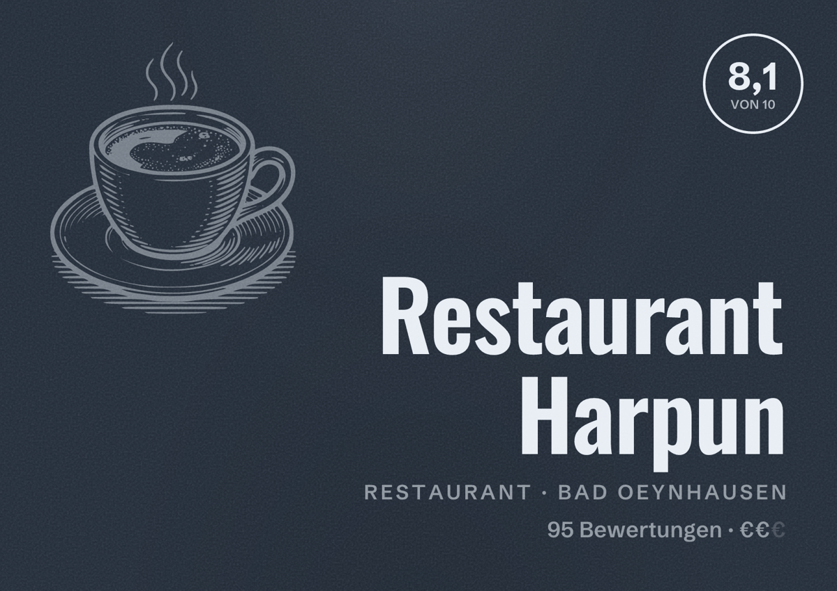 Illustriertes Poster von Restaurant Harpun, Restaurant in Bad Oeynhausen: Bewertung 8,1 von 10 aus 95 Bewertungen, Preisniveau €€