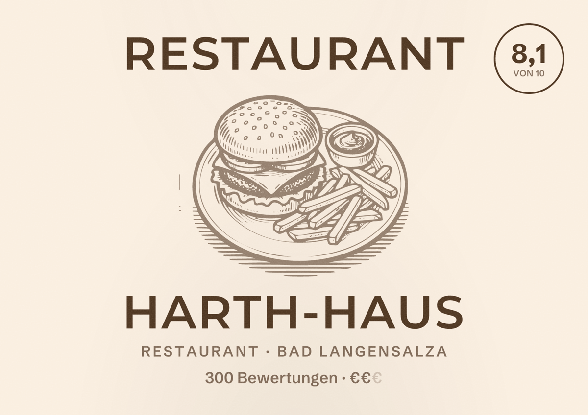Illustriertes Poster von Restaurant Harth-Haus, Restaurant in Bad Langensalza: Bewertung 8,1 von 10 aus 300 Bewertungen, Preisniveau €€