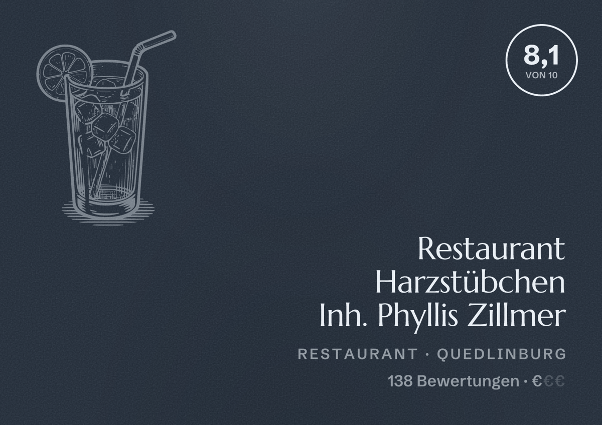 Illustriertes Poster von Restaurant Harzstübchen Inh. Phyllis Zillmer, Restaurant in Quedlinburg: Bewertung 8,1 von 10 aus 138 Bewertungen, Preisniveau €
