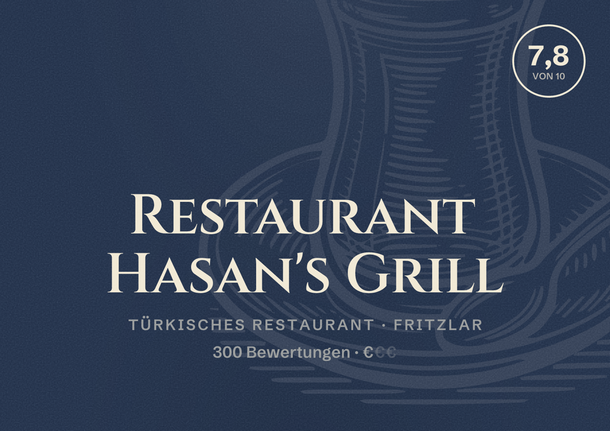 Illustriertes Poster von Restaurant Hasan's Grill, Türkisches Restaurant in Fritzlar: Bewertung 7,8 von 10 aus 300 Bewertungen, Preisniveau €