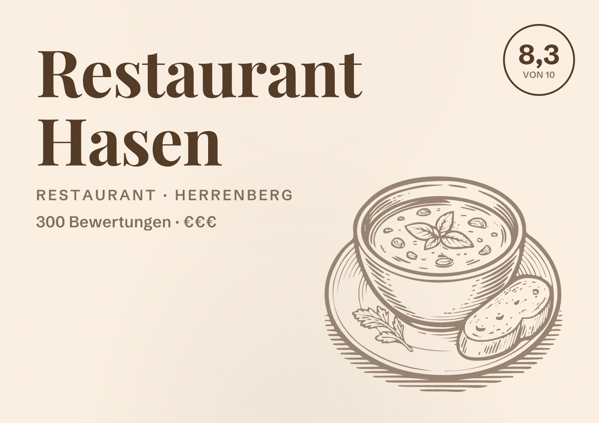 Illustriertes Poster von Restaurant Hasen, Restaurant in Herrenberg: Bewertung 8,3 von 10 aus 300 Bewertungen, Preisniveau €€€