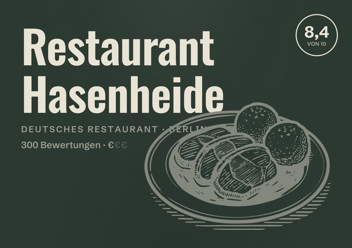 Illustriertes Poster von Restaurant Hasenheide, Deutsches Restaurant in Berlin: Bewertung 8,4 von 10 aus 300 Bewertungen, Preisniveau €