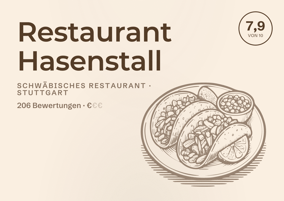 Illustriertes Poster von Restaurant Hasenstall, Schwäbisches Restaurant in Stuttgart: Bewertung 7,9 von 10 aus 206 Bewertungen, Preisniveau €