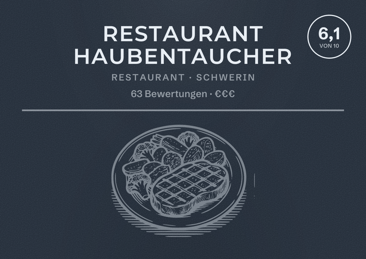 Illustriertes Poster von Restaurant Haubentaucher, Restaurant in Schwerin: Bewertung 6,1 von 10 aus 63 Bewertungen, Preisniveau €€€