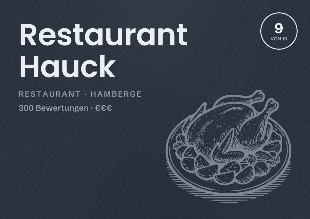 Illustriertes Poster von Restaurant Hauck, Restaurant in Hamberge: Bewertung 9 von 10 aus 300 Bewertungen, Preisniveau €€€