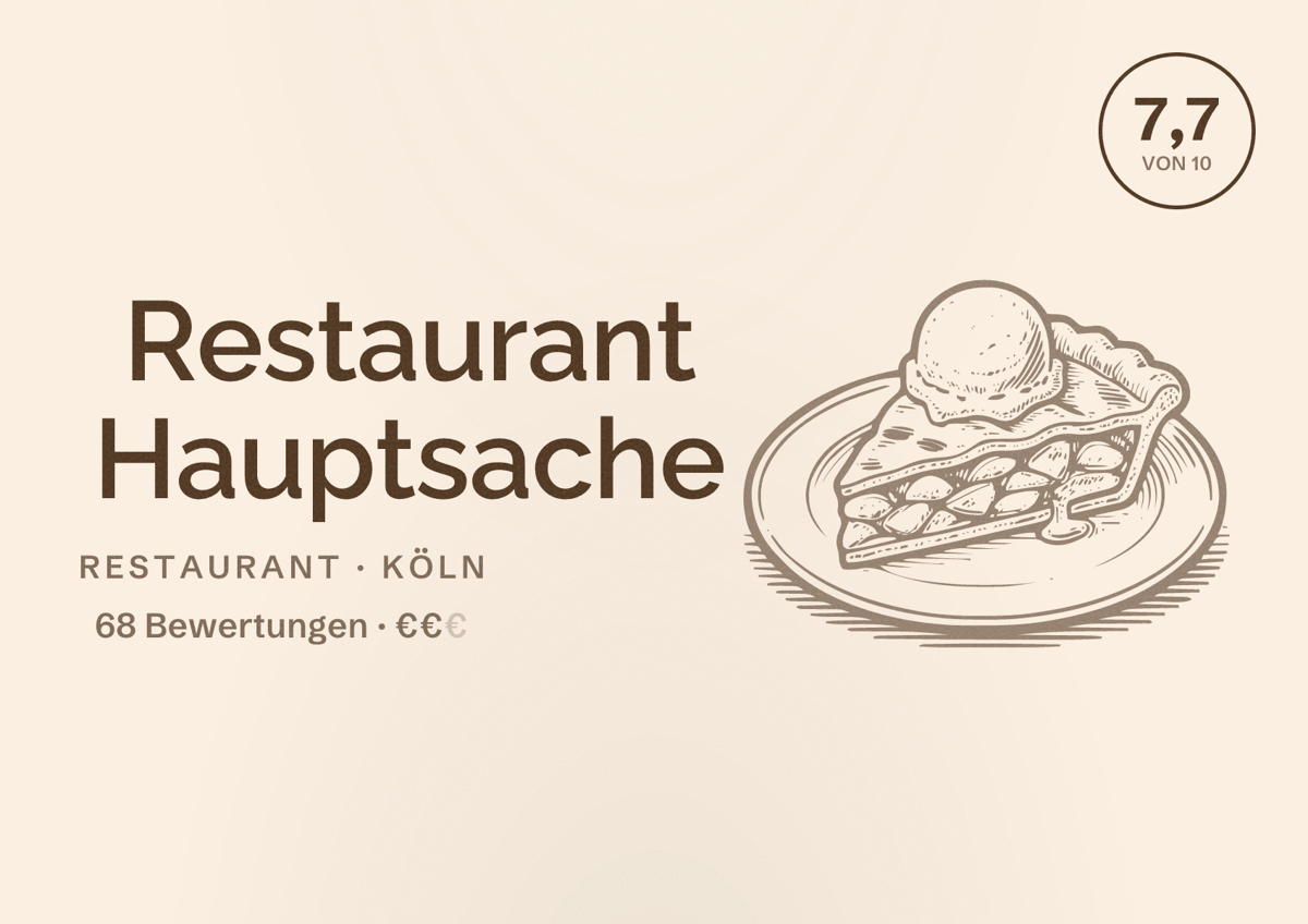 Illustriertes Poster von Restaurant Hauptsache, Restaurant in Köln: Bewertung 7,7 von 10 aus 68 Bewertungen, Preisniveau €€