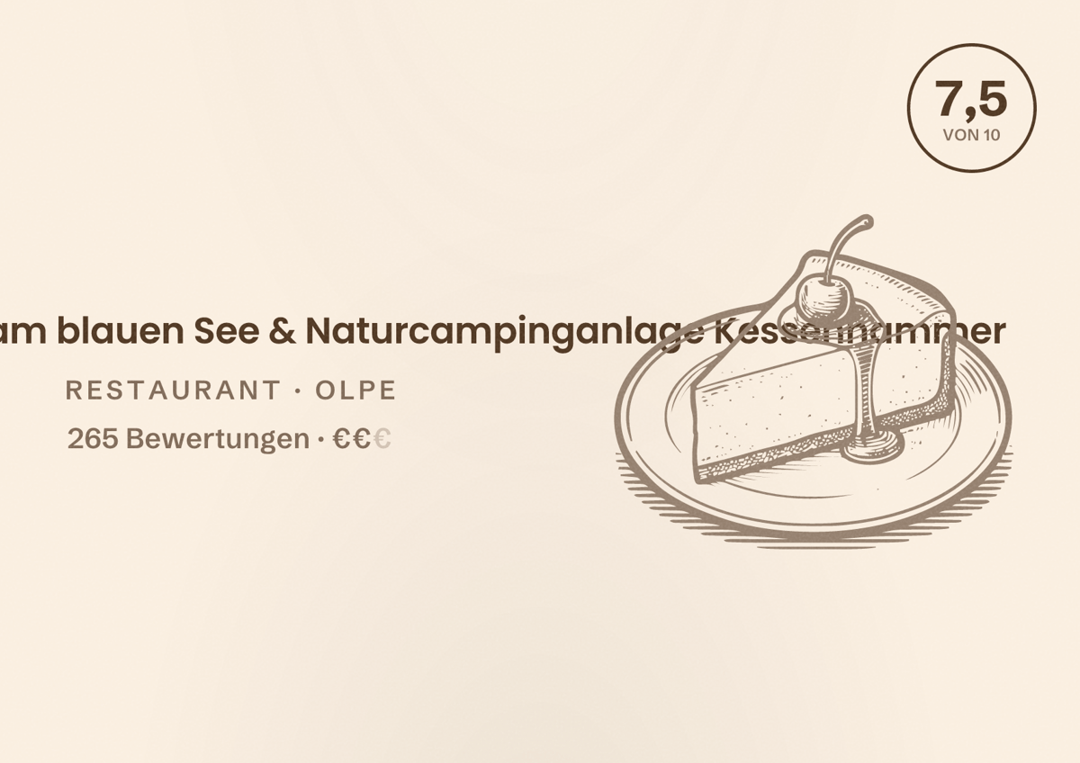 Illustriertes Poster von Restaurant Haus am blauen See & Naturcampinganlage Kessenhammer, Restaurant in Olpe: Bewertung 7,5 von 10 aus 265 Bewertungen, Preisniveau €€