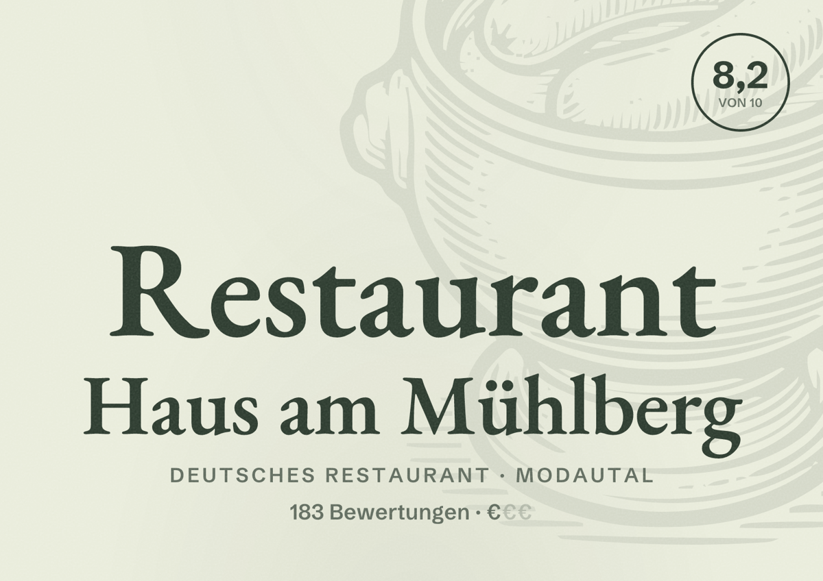 Illustriertes Poster von Restaurant Haus am Mühlberg, Deutsches Restaurant in Modautal: Bewertung 8,2 von 10 aus 183 Bewertungen, Preisniveau €
