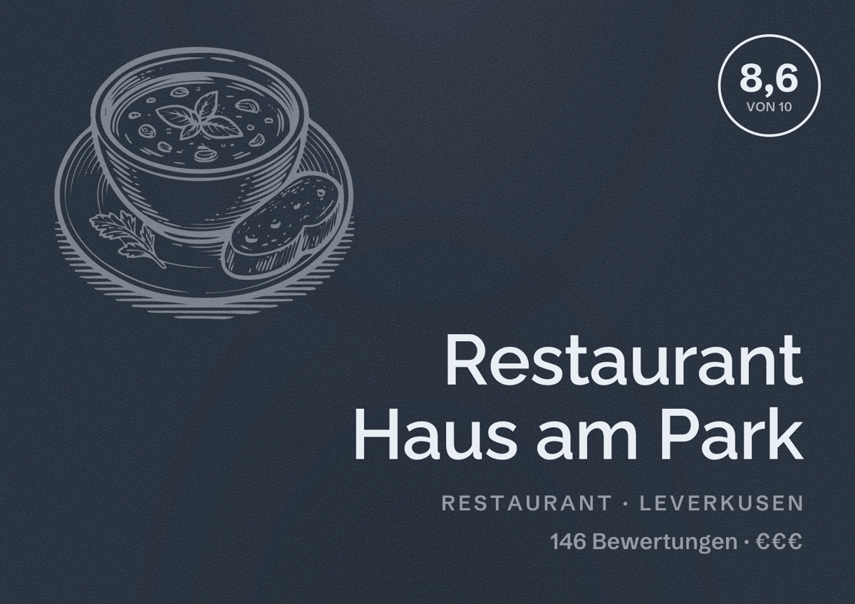 Illustriertes Poster von Restaurant Haus am Park, Restaurant in Leverkusen: Bewertung 8,6 von 10 aus 146 Bewertungen, Preisniveau €€€