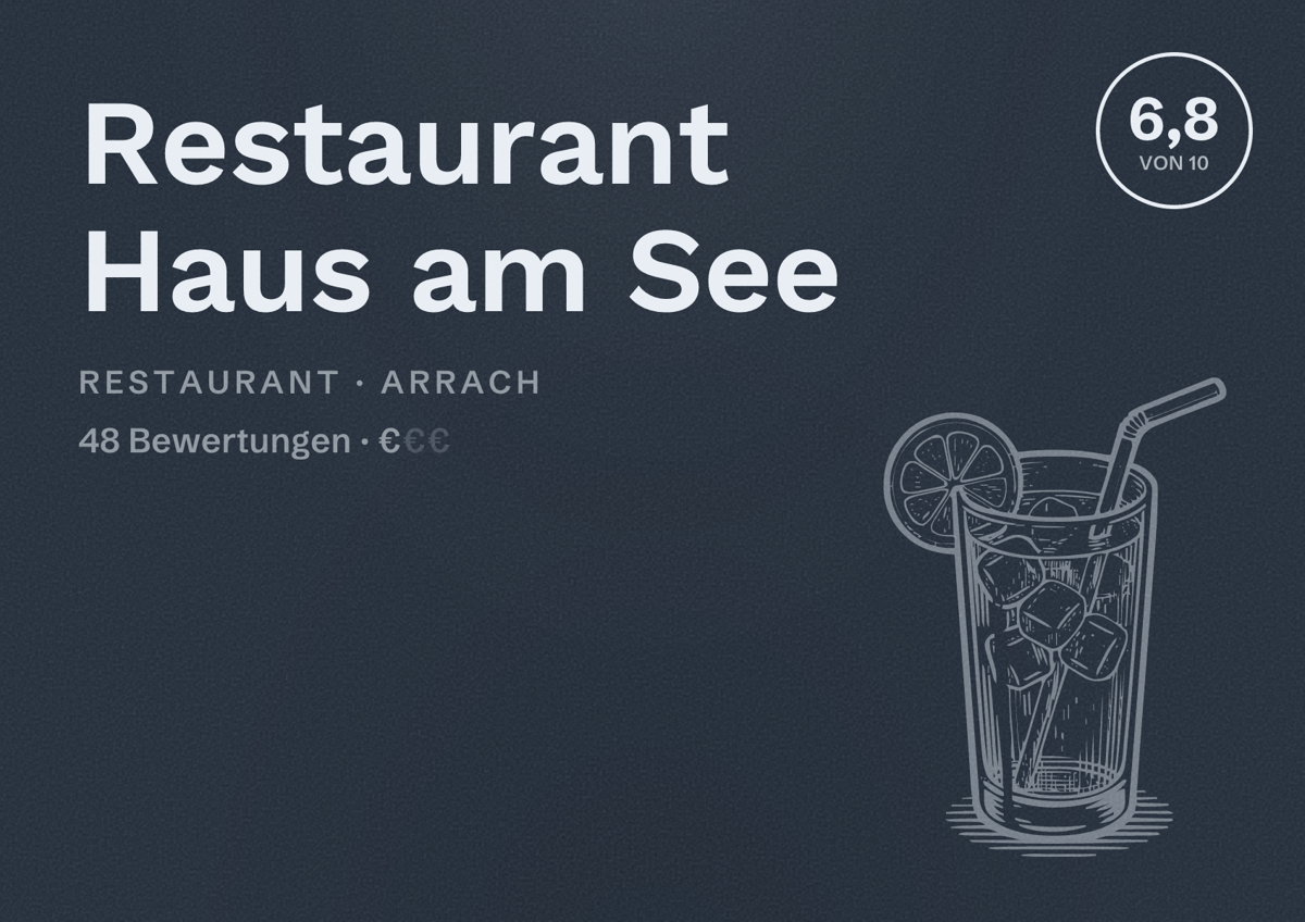 Illustriertes Poster von Restaurant Haus am See, Restaurant in Arrach: Bewertung 6,8 von 10 aus 48 Bewertungen, Preisniveau €