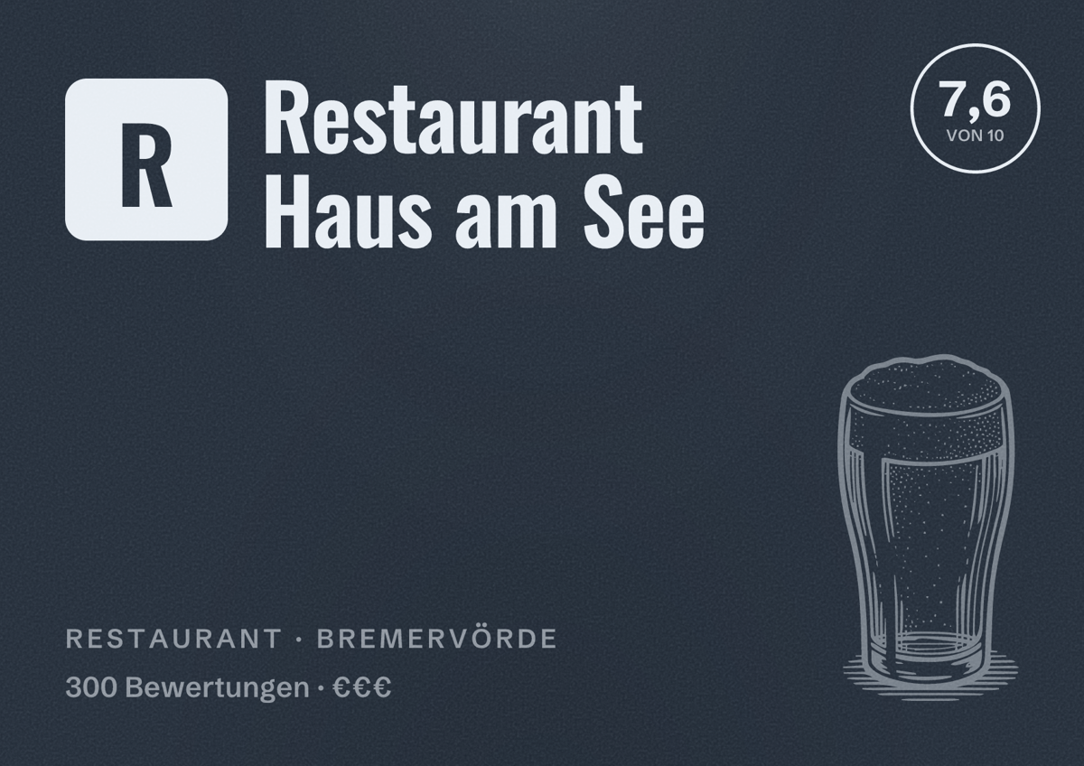 Illustriertes Poster von Restaurant Haus am See, Restaurant in Bremervörde: Bewertung 7,6 von 10 aus 300 Bewertungen, Preisniveau €€€