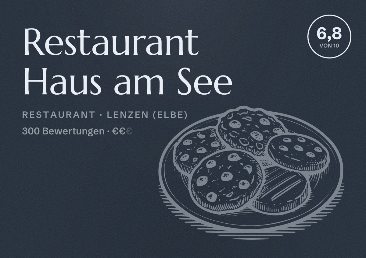 Illustriertes Poster von Restaurant Haus am See, Restaurant in Lenzen (Elbe): Bewertung 6,8 von 10 aus 300 Bewertungen, Preisniveau €€