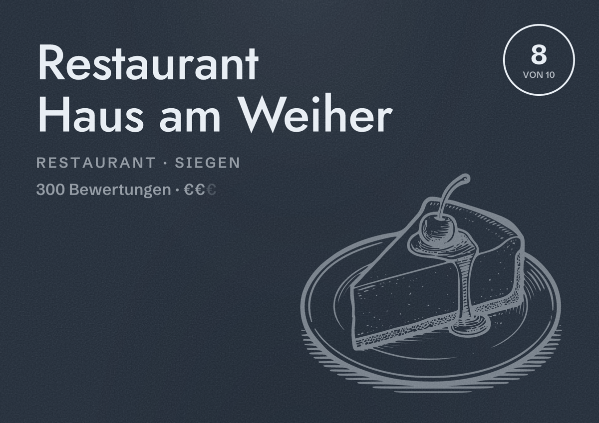 Illustriertes Poster von Restaurant Haus am Weiher, Restaurant in Siegen: Bewertung 8 von 10 aus 300 Bewertungen, Preisniveau €€