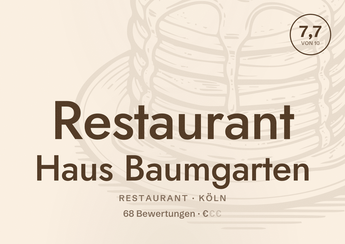 Illustriertes Poster von Restaurant Haus Baumgarten, Restaurant in Köln: Bewertung 7,7 von 10 aus 68 Bewertungen, Preisniveau €