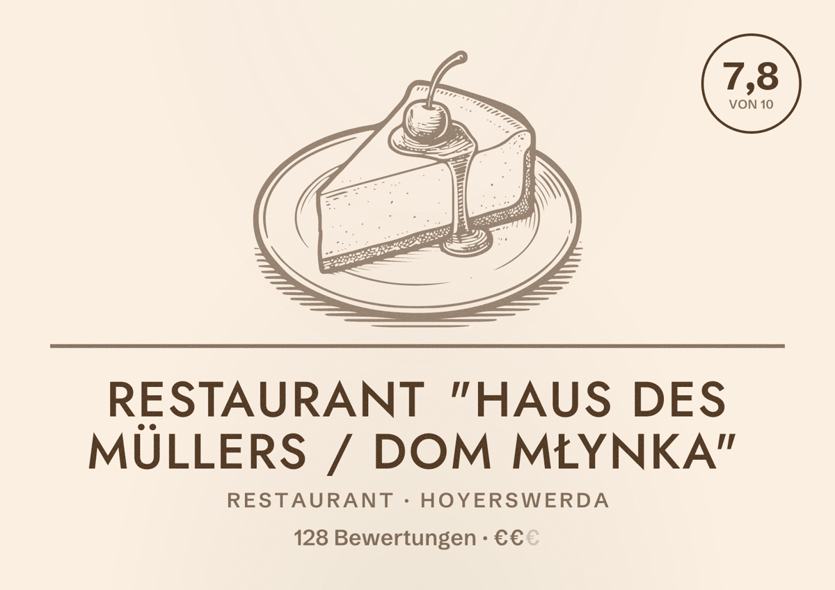 Illustriertes Poster von Restaurant "Haus des Müllers / Dom młynka", Restaurant in Hoyerswerda: Bewertung 7,8 von 10 aus 128 Bewertungen, Preisniveau €€