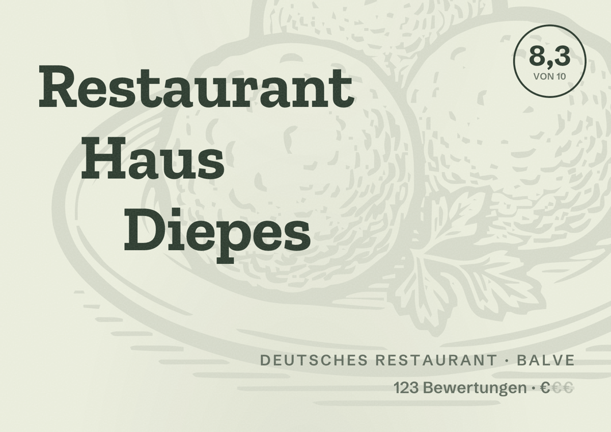 Illustriertes Poster von Restaurant Haus Diepes, Deutsches Restaurant in Balve: Bewertung 8,3 von 10 aus 123 Bewertungen, Preisniveau €