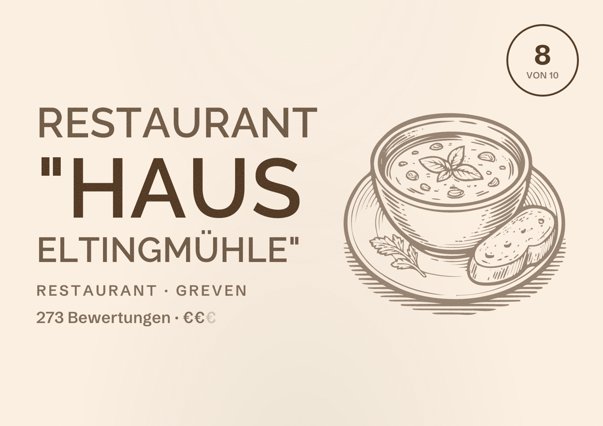 Illustriertes Poster von Restaurant "Haus Eltingmühle", Restaurant in Greven: Bewertung 8 von 10 aus 273 Bewertungen, Preisniveau €€