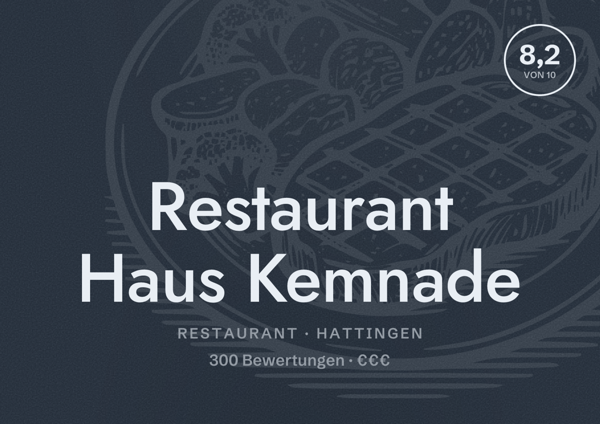 Illustriertes Poster von Restaurant Haus Kemnade, Restaurant in Hattingen: Bewertung 8,2 von 10 aus 300 Bewertungen, Preisniveau €€€
