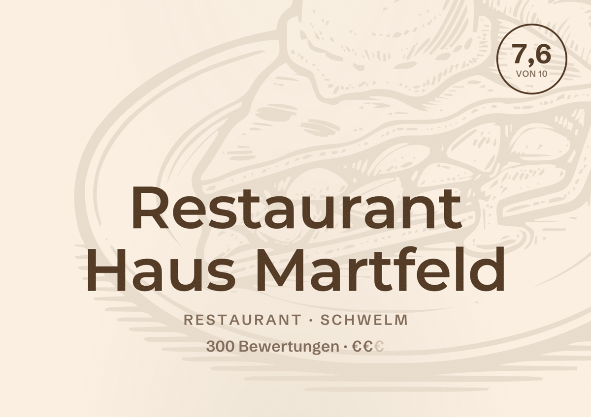 Illustriertes Poster von Restaurant Haus Martfeld, Restaurant in Schwelm: Bewertung 7,6 von 10 aus 300 Bewertungen, Preisniveau €€