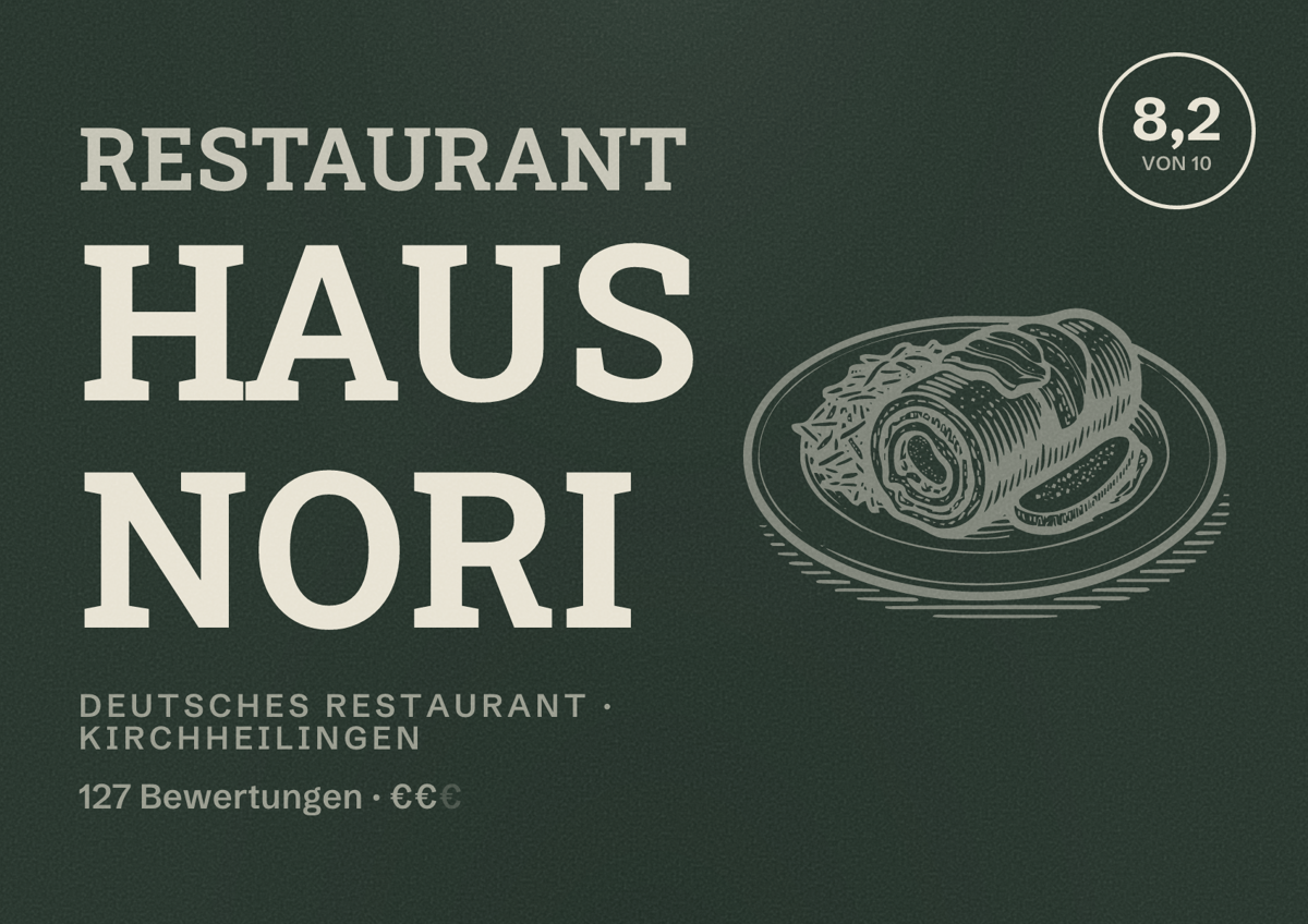 Illustriertes Poster von Restaurant Haus Nori, Deutsches Restaurant in Kirchheilingen: Bewertung 8,2 von 10 aus 127 Bewertungen, Preisniveau €€
