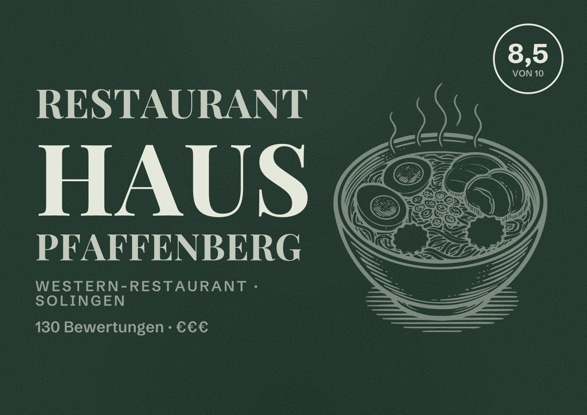 Illustriertes Poster von Restaurant Haus Pfaffenberg, Western-Restaurant in Solingen: Bewertung 8,5 von 10 aus 130 Bewertungen, Preisniveau €€€