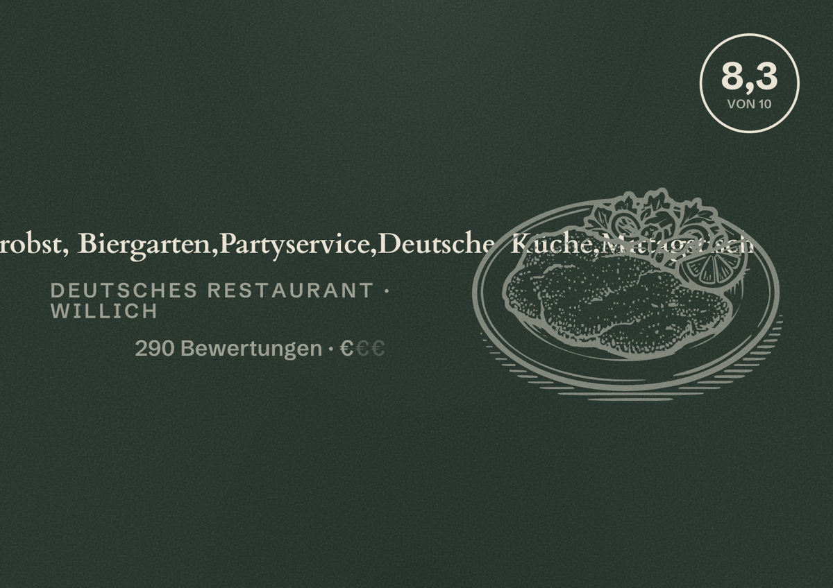 Illustriertes Poster von Restaurant Haus Probst, Biergarten,Partyservice,Deutsche Küche,Mittagstisch, Deutsches Restaurant in Willich: Bewertung 8,3 von 10 aus 290 Bewertungen, Preisniveau €
