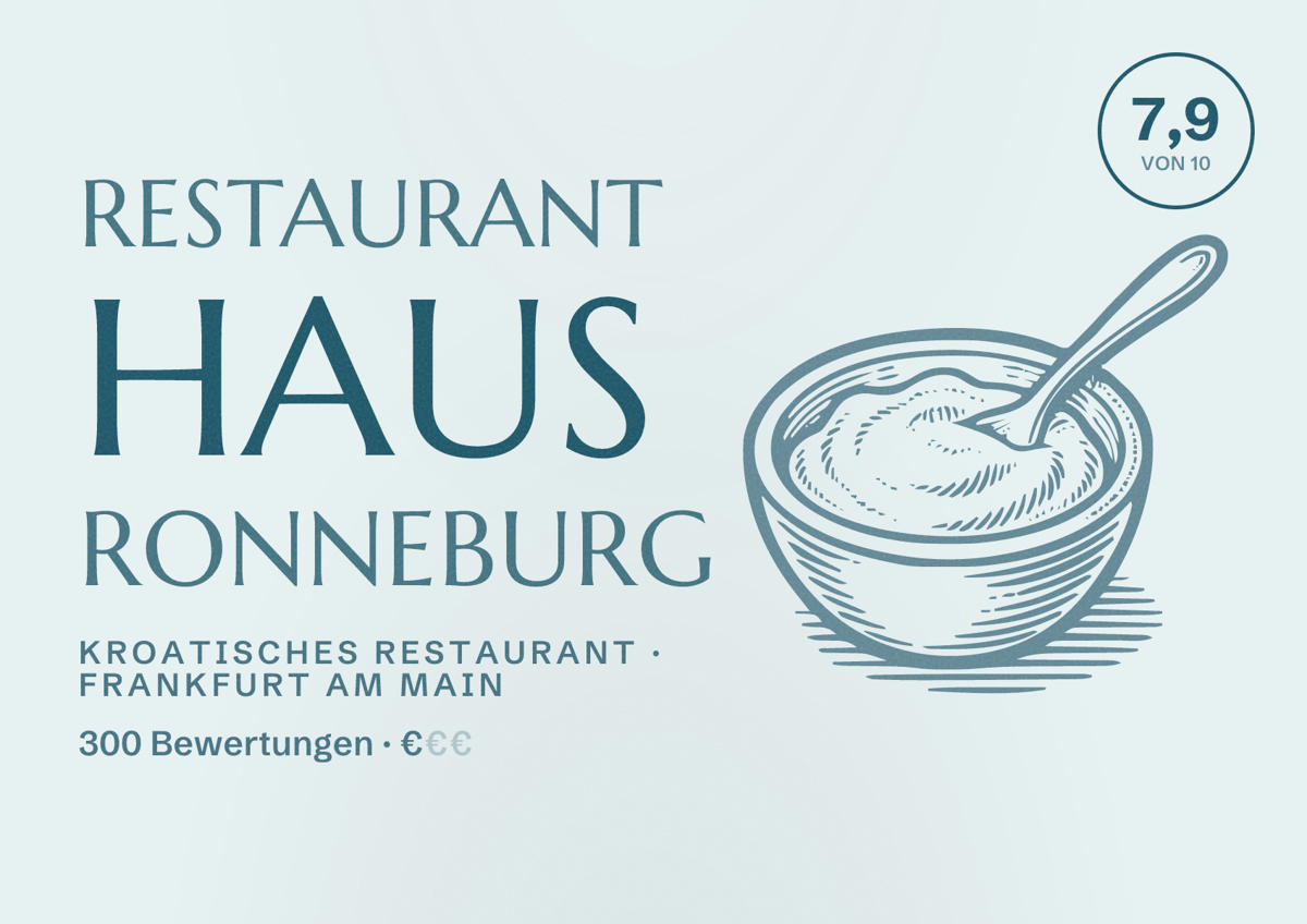 Illustriertes Poster von Restaurant Haus Ronneburg, Kroatisches Restaurant in Frankfurt am Main: Bewertung 7,9 von 10 aus 300 Bewertungen, Preisniveau €