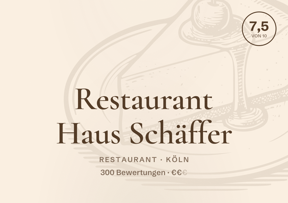 Illustriertes Poster von Restaurant Haus Schäffer, Restaurant in Köln: Bewertung 7,5 von 10 aus 300 Bewertungen, Preisniveau €€