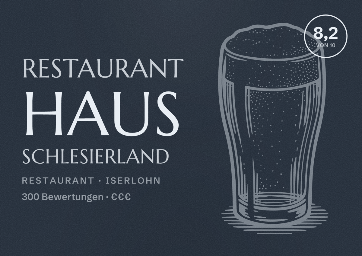Illustriertes Poster von Restaurant Haus Schlesierland, Restaurant in Iserlohn: Bewertung 8,2 von 10 aus 300 Bewertungen, Preisniveau €€€