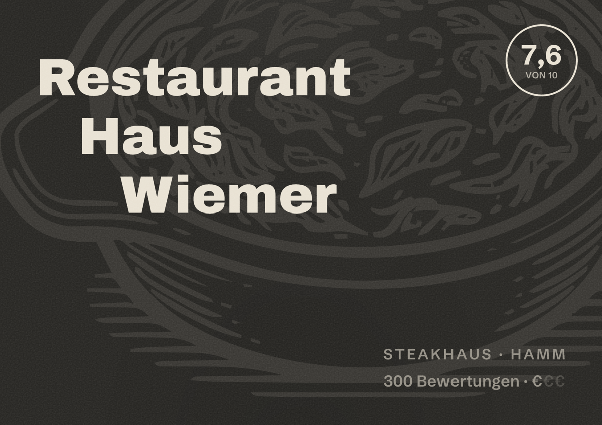 Illustriertes Poster von Restaurant Haus Wiemer, Steakhaus in Hamm: Bewertung 7,6 von 10 aus 300 Bewertungen, Preisniveau €
