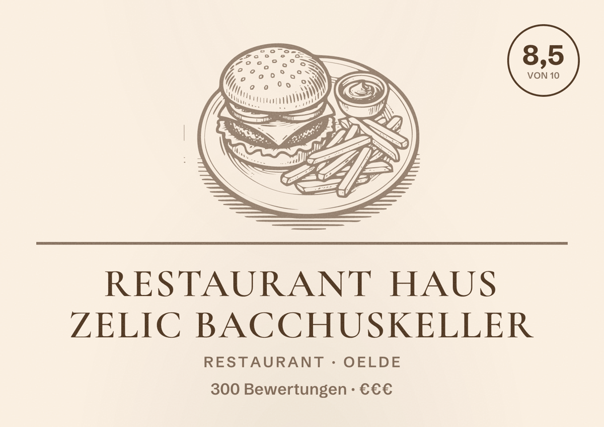 Illustriertes Poster von Restaurant Haus Zelic Bacchuskeller, Restaurant in Oelde: Bewertung 8,5 von 10 aus 300 Bewertungen, Preisniveau €€€