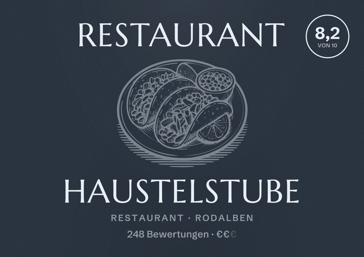 Illustriertes Poster von Restaurant Haustelstube, Restaurant in Rodalben: Bewertung 8,2 von 10 aus 248 Bewertungen, Preisniveau €€