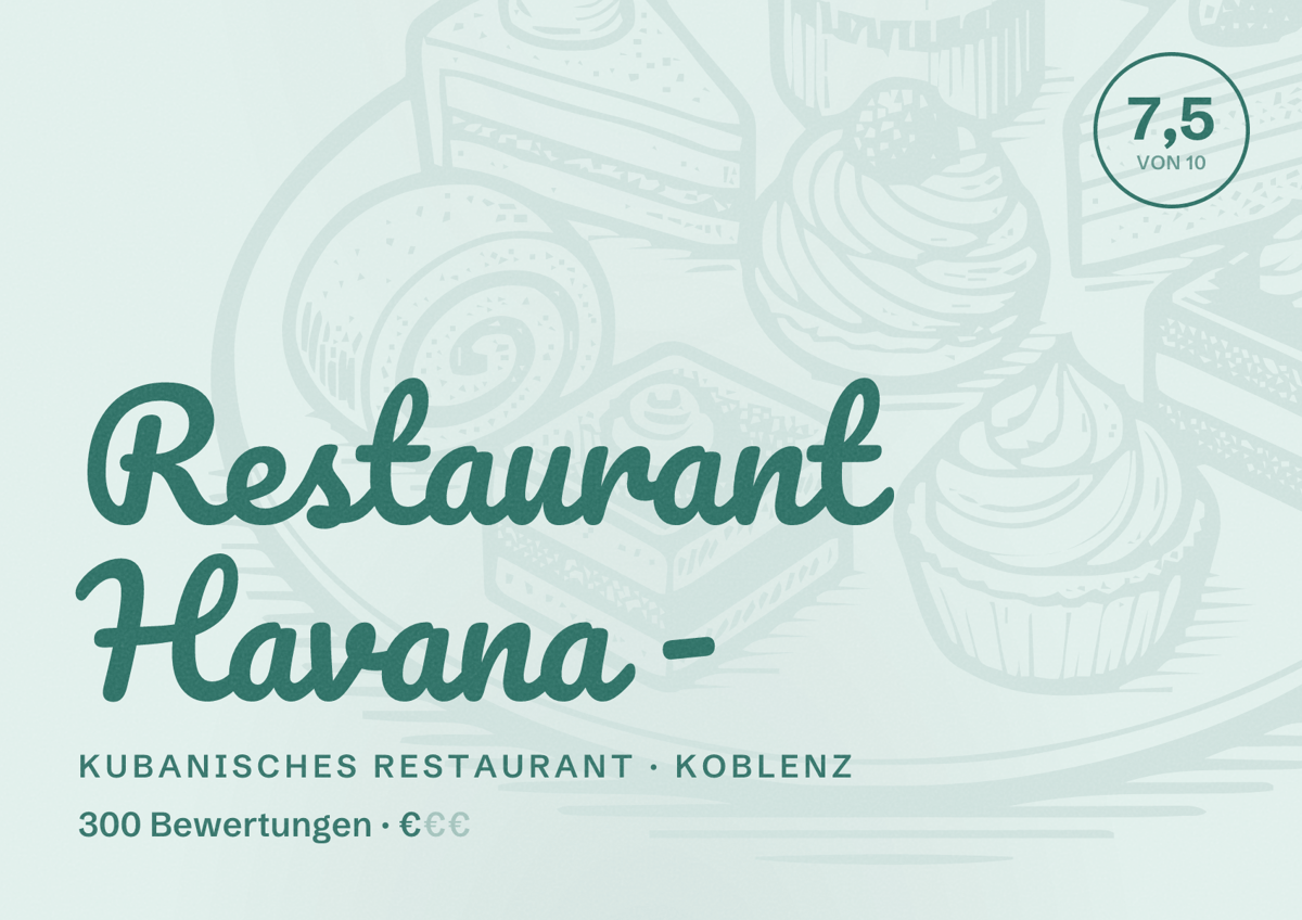 Illustriertes Poster von Restaurant Havana -, Kubanisches Restaurant in Koblenz: Bewertung 7,5 von 10 aus 300 Bewertungen, Preisniveau €