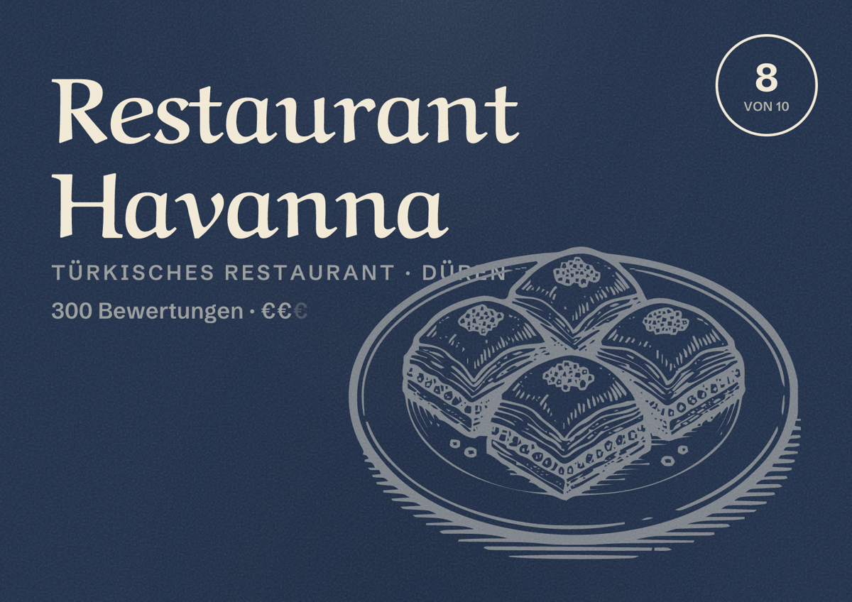 Illustriertes Poster von Restaurant Havanna, Türkisches Restaurant in Düren: Bewertung 8 von 10 aus 300 Bewertungen, Preisniveau €€