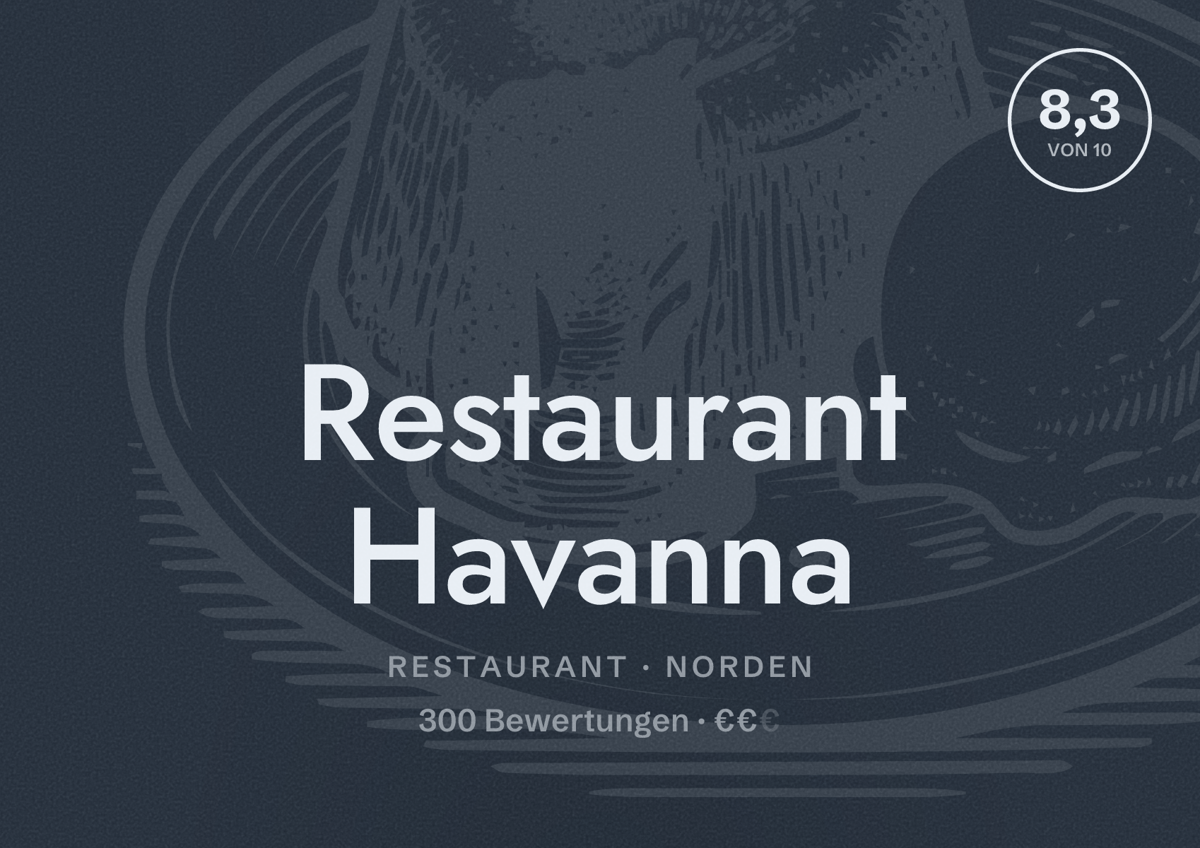 Illustriertes Poster von Restaurant Havanna, Restaurant in Norden: Bewertung 8,3 von 10 aus 300 Bewertungen, Preisniveau €€