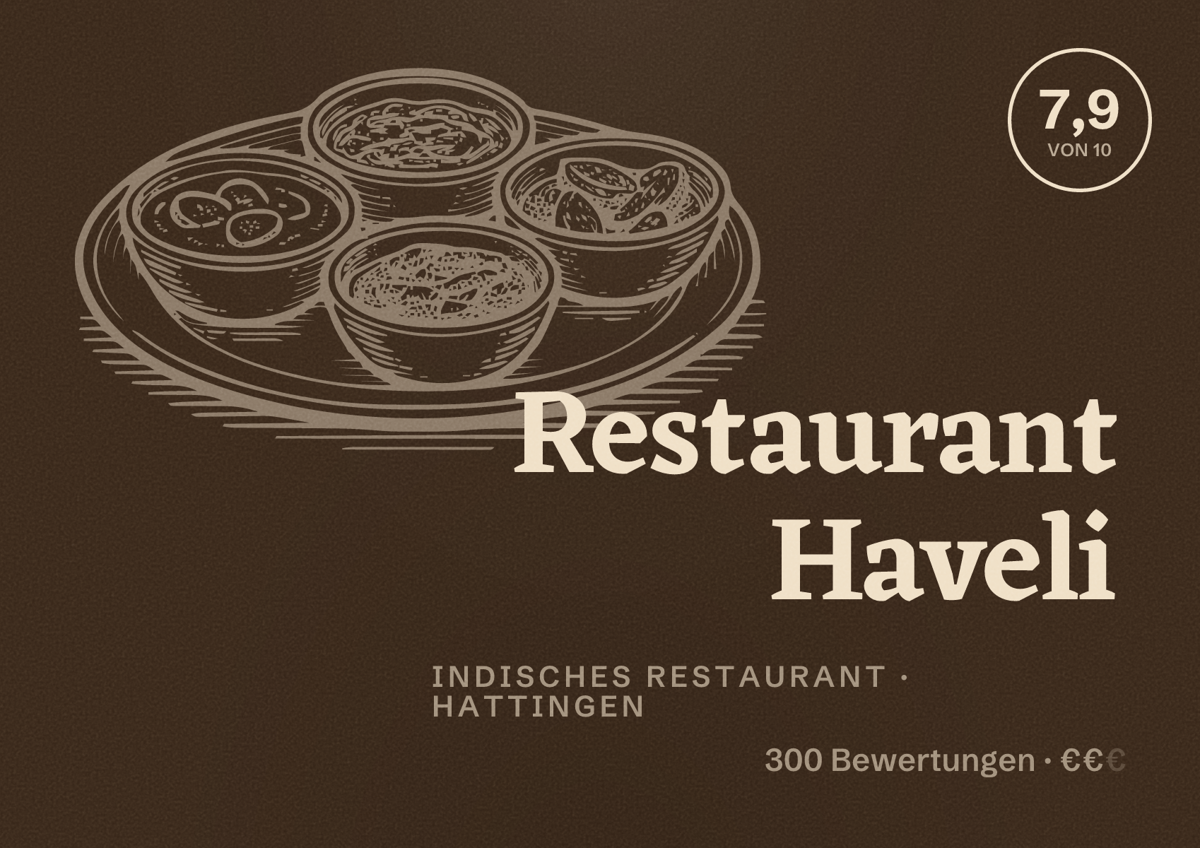 Illustriertes Poster von Restaurant Haveli, Indisches Restaurant in Hattingen: Bewertung 7,9 von 10 aus 300 Bewertungen, Preisniveau €€