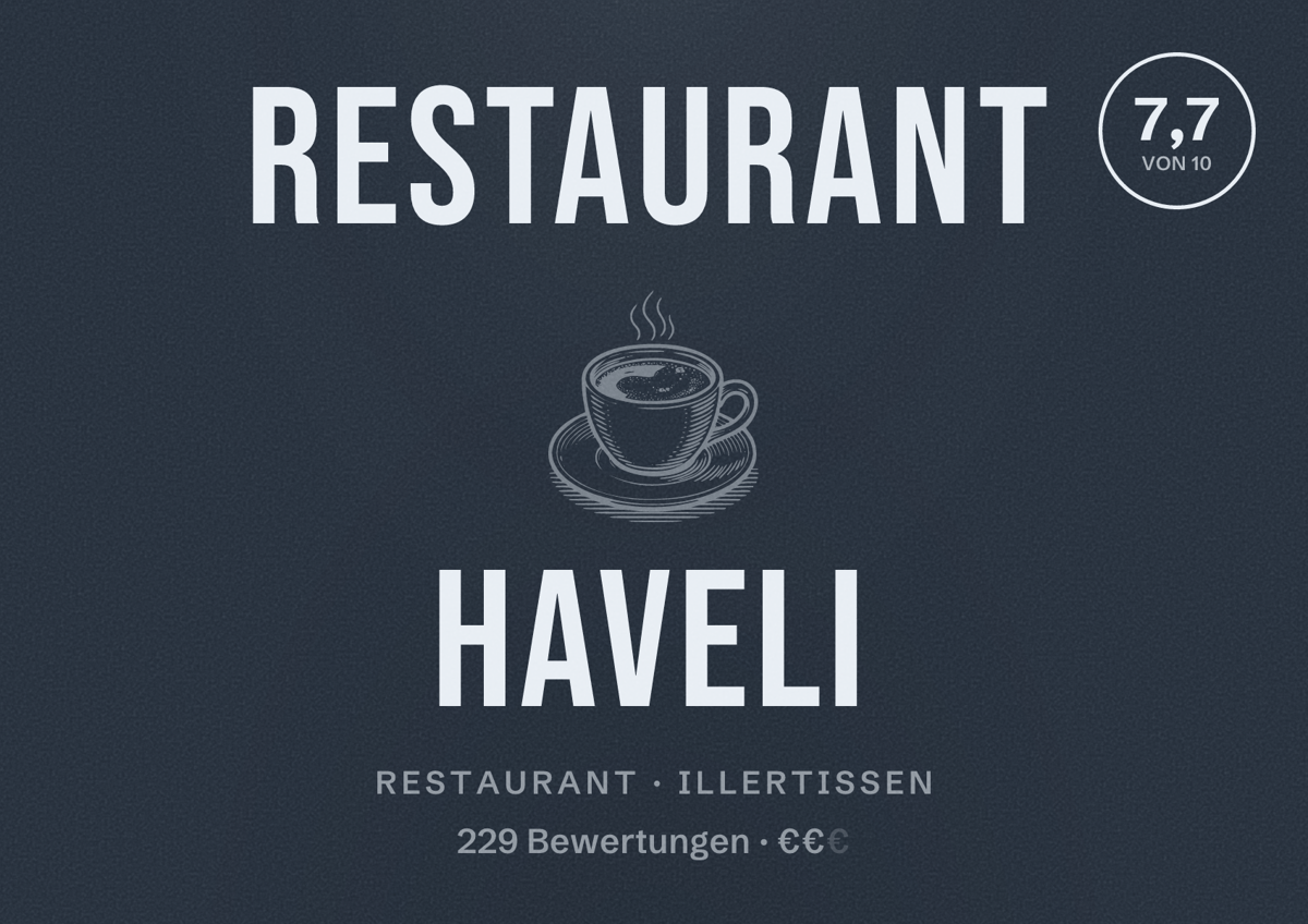 Illustriertes Poster von Restaurant Haveli, Restaurant in Illertissen: Bewertung 7,7 von 10 aus 229 Bewertungen, Preisniveau €€