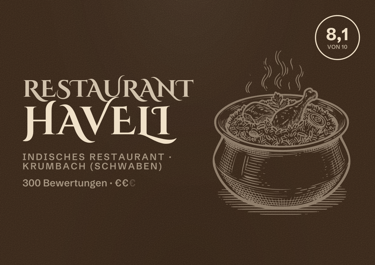 Illustriertes Poster von Restaurant Haveli, Indisches Restaurant in Krumbach (Schwaben): Bewertung 8,1 von 10 aus 300 Bewertungen, Preisniveau €€
