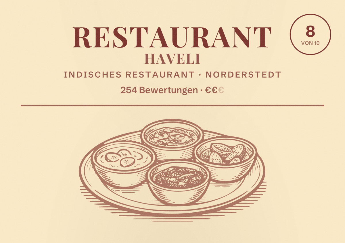 Illustriertes Poster von Restaurant Haveli, Indisches Restaurant in Norderstedt: Bewertung 8 von 10 aus 254 Bewertungen, Preisniveau €€