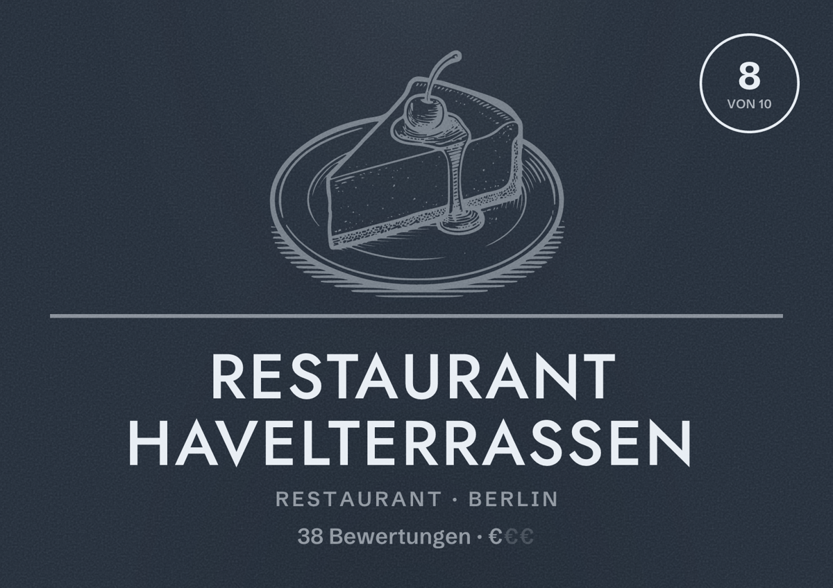 Illustriertes Poster von Restaurant Havelterrassen, Restaurant in Berlin: Bewertung 8,0 von 10 aus 38 Bewertungen, Preisniveau €