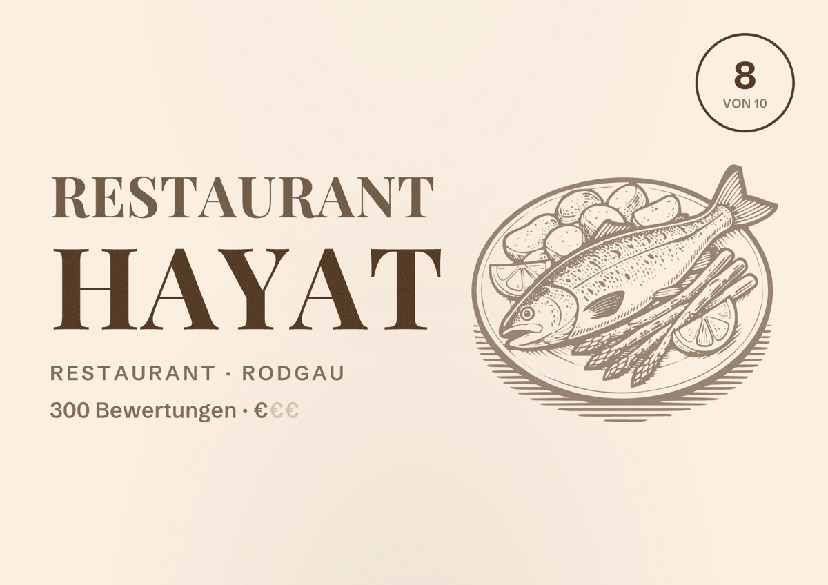 Illustriertes Poster von Restaurant Hayat, Restaurant in Rodgau: Bewertung 8 von 10 aus 300 Bewertungen, Preisniveau €