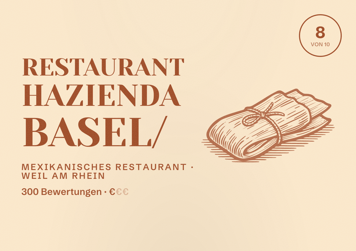 Illustriertes Poster von Restaurant HAZIENDA Basel/, Mexikanisches Restaurant in Weil am Rhein: Bewertung 8 von 10 aus 300 Bewertungen, Preisniveau €