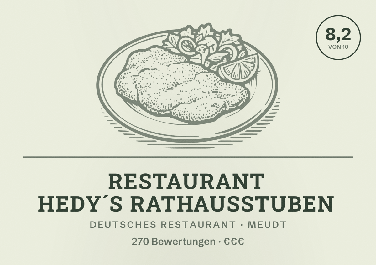 Illustriertes Poster von Restaurant Hedy´s Rathausstuben, Deutsches Restaurant in Meudt: Bewertung 8,2 von 10 aus 270 Bewertungen, Preisniveau €€€