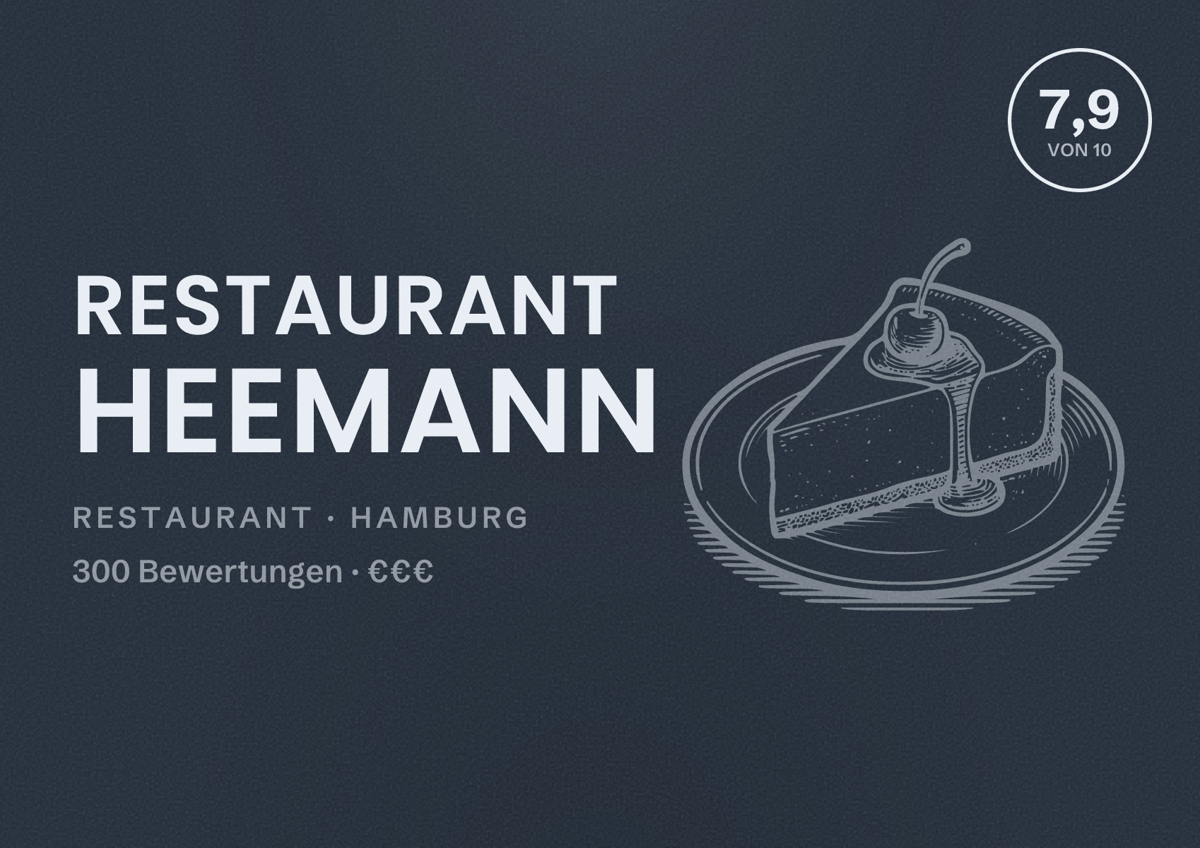 Illustriertes Poster von Restaurant Heemann, Restaurant in Hamburg: Bewertung 7,9 von 10 aus 300 Bewertungen, Preisniveau €€€