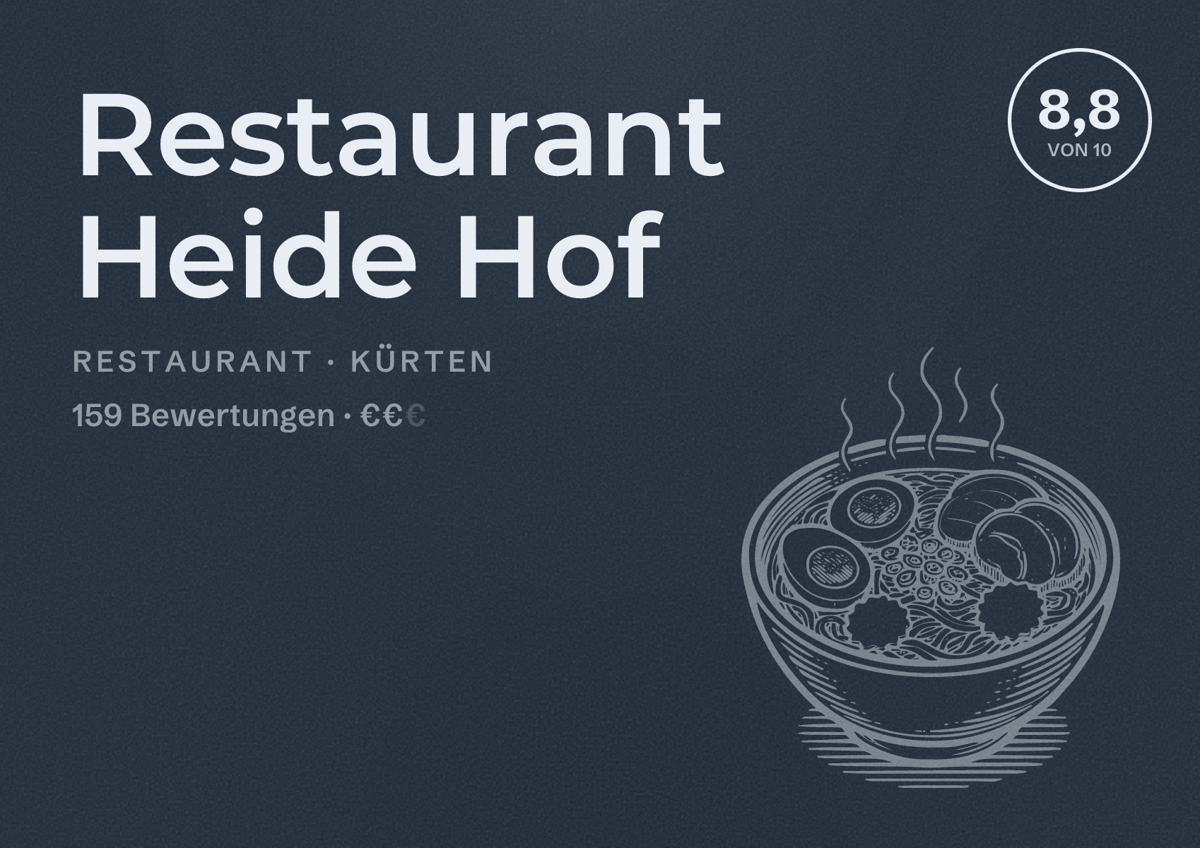 Illustriertes Poster von Restaurant Heide Hof, Restaurant in Kürten: Bewertung 8,8 von 10 aus 159 Bewertungen, Preisniveau €€