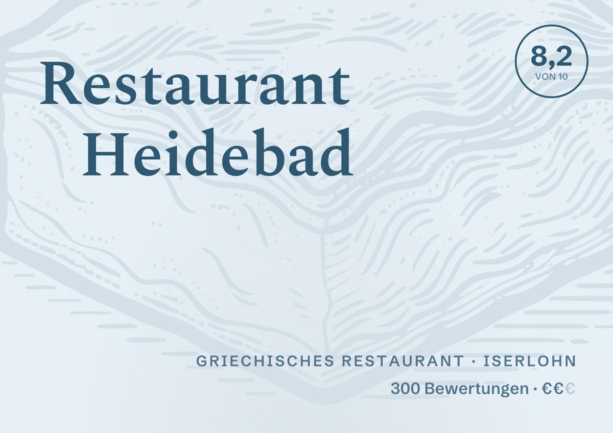 Illustriertes Poster von Restaurant Heidebad, Griechisches Restaurant in Iserlohn: Bewertung 8,2 von 10 aus 300 Bewertungen, Preisniveau €€