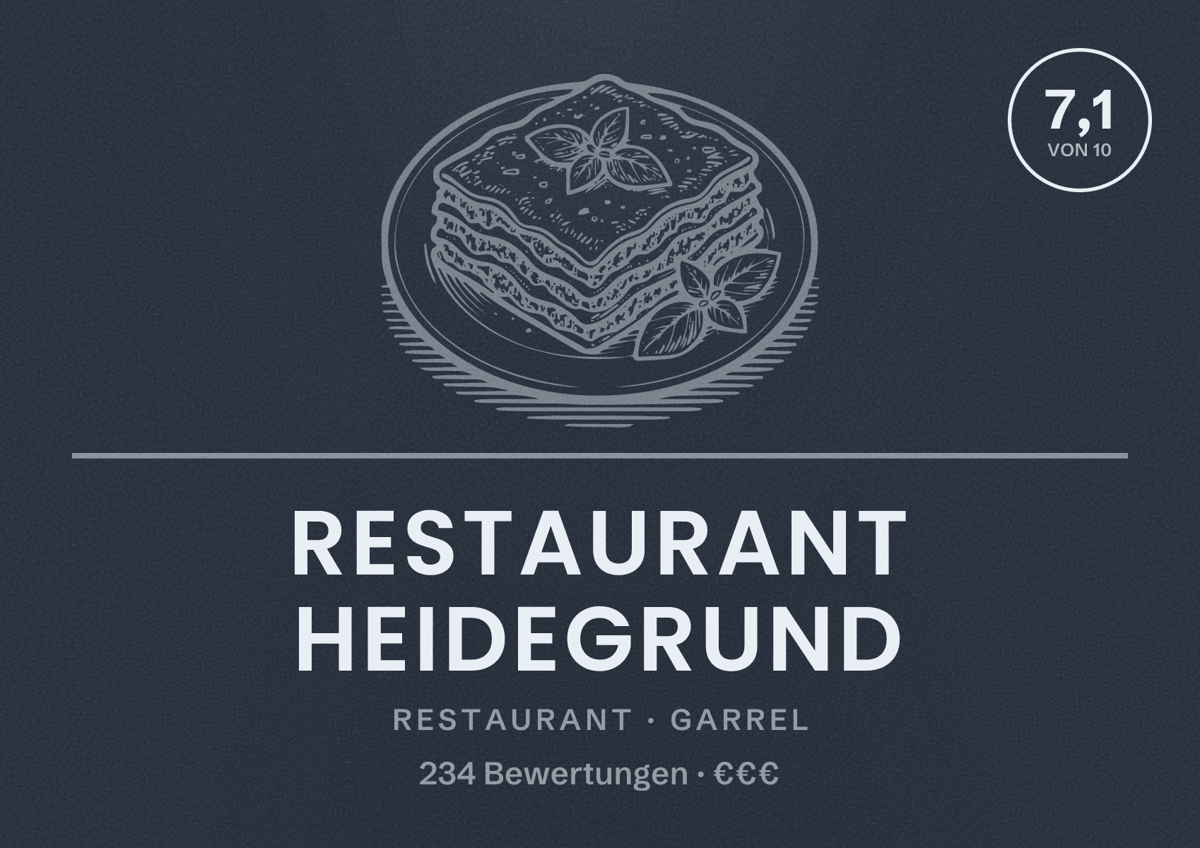 Illustriertes Poster von Restaurant Heidegrund, Restaurant in Garrel: Bewertung 7,1 von 10 aus 234 Bewertungen, Preisniveau €€€
