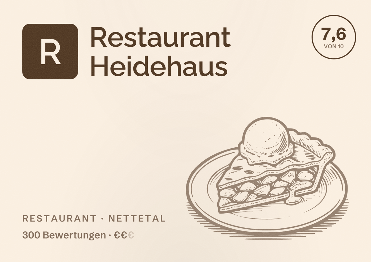 Illustriertes Poster von Restaurant Heidehaus, Restaurant in Nettetal: Bewertung 7,6 von 10 aus 300 Bewertungen, Preisniveau €€