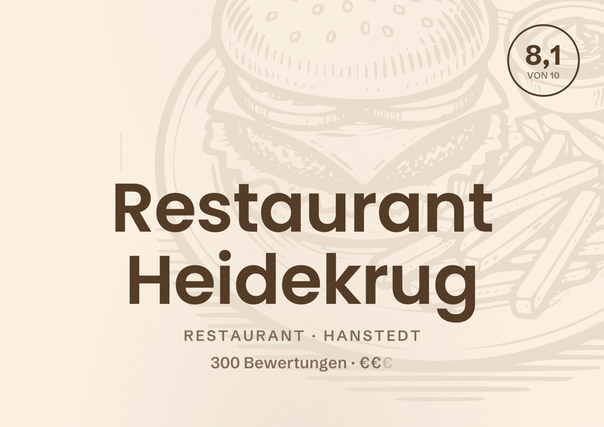Illustriertes Poster von Restaurant Heidekrug, Restaurant in Hanstedt: Bewertung 8,1 von 10 aus 300 Bewertungen, Preisniveau €€
